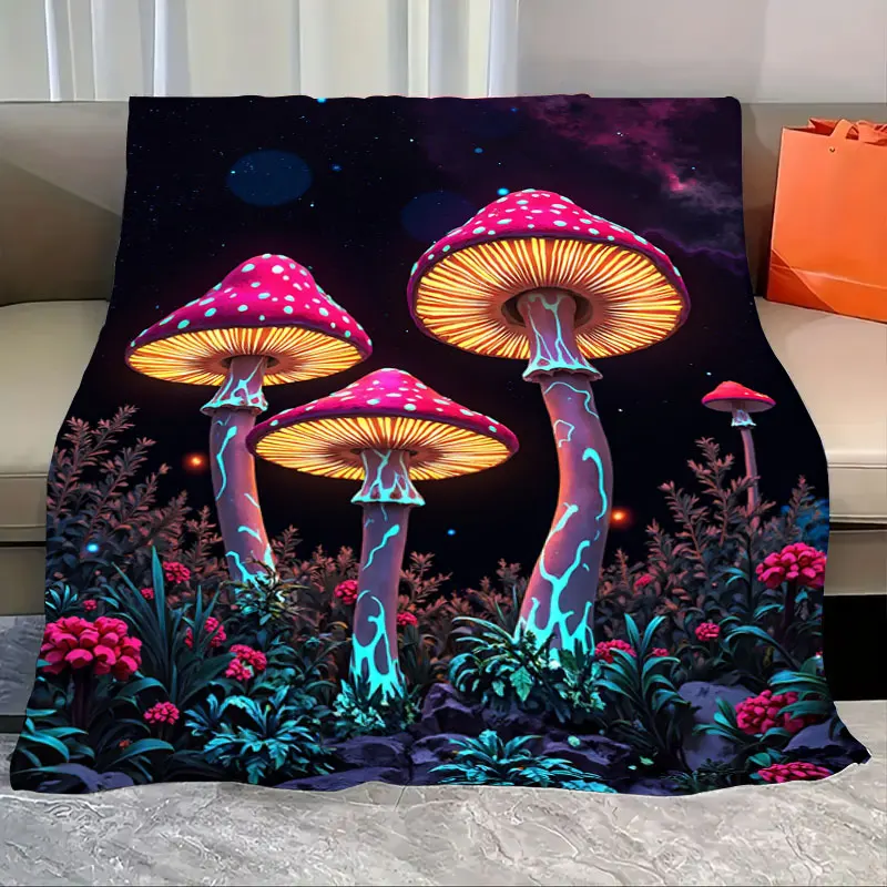 

1pc Flannel Blanket Glowing Mushroom Galaxy Blanket - Cosmic Forest Design, Soft & Cozy Throw