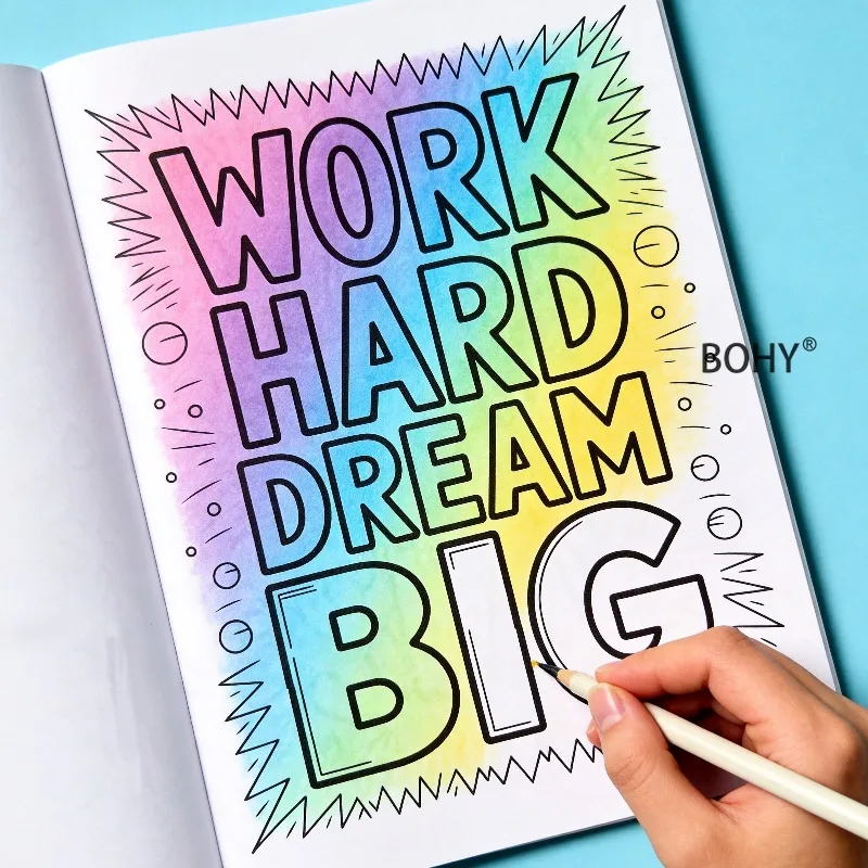 A Motivational English Slogan Stress Relieving Coloring Book, Positive Energy Creative Font Decoration Line Draft, 28 Pages