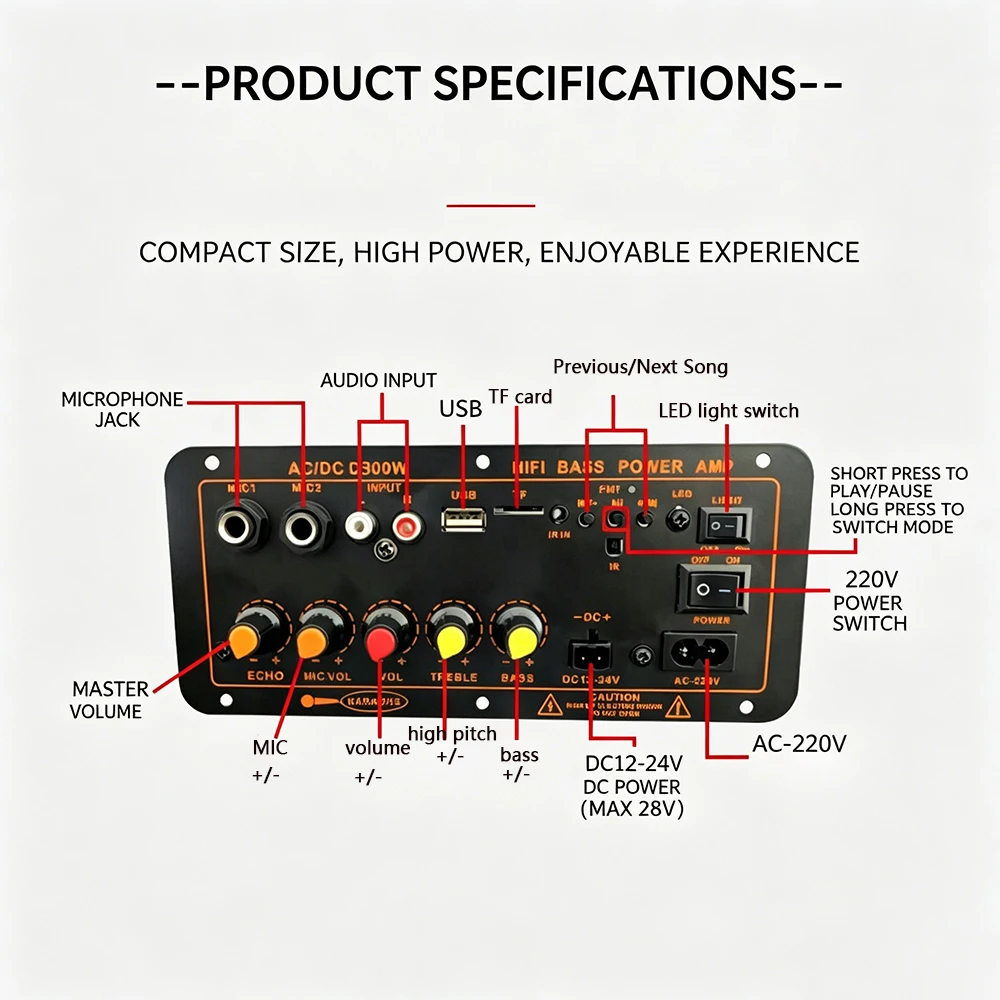 D300 100W Bluetooth5.0 Power Amplifier Board, AC/DC Dual Power AMP Module With Dual Mic Input Support USB TF AUX FM Radio