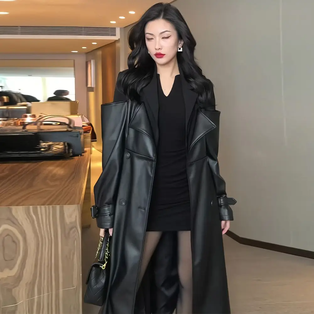 Fashion Patchwork Pu Leather Coat Women Autumn Winter Black Leather Trench Coat Strap Belt Lapel Windbreaker Faux Leather Jacket