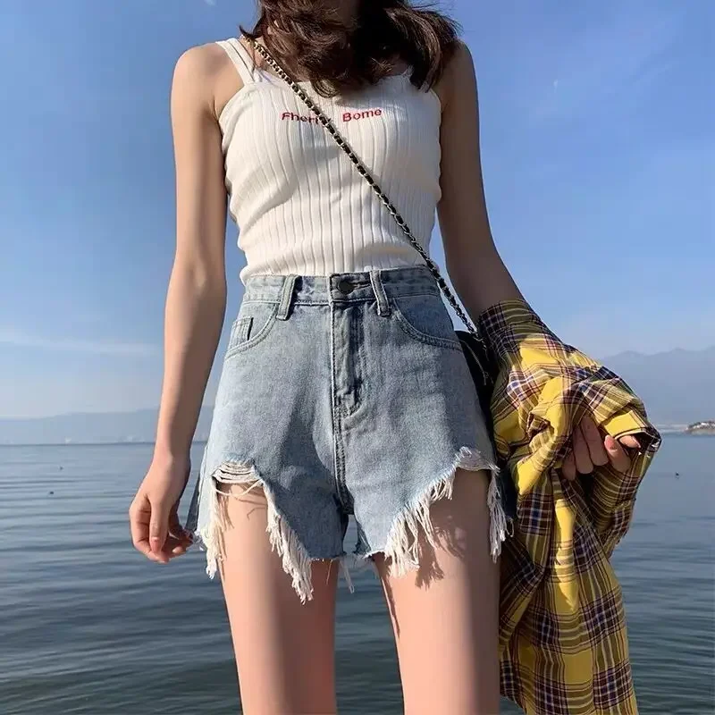 New Denim Shorts Women's Summer Wear Korean High Waist Shorts A-line Thin Loose Wide Leg Hot Pants with Holes