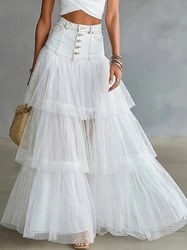 Elegant Mesh Splice Large Swing Office Commute Skirt Sweet Multi Layer Cake Medium Length Skirt Chic Solid Single Breasted Skirt