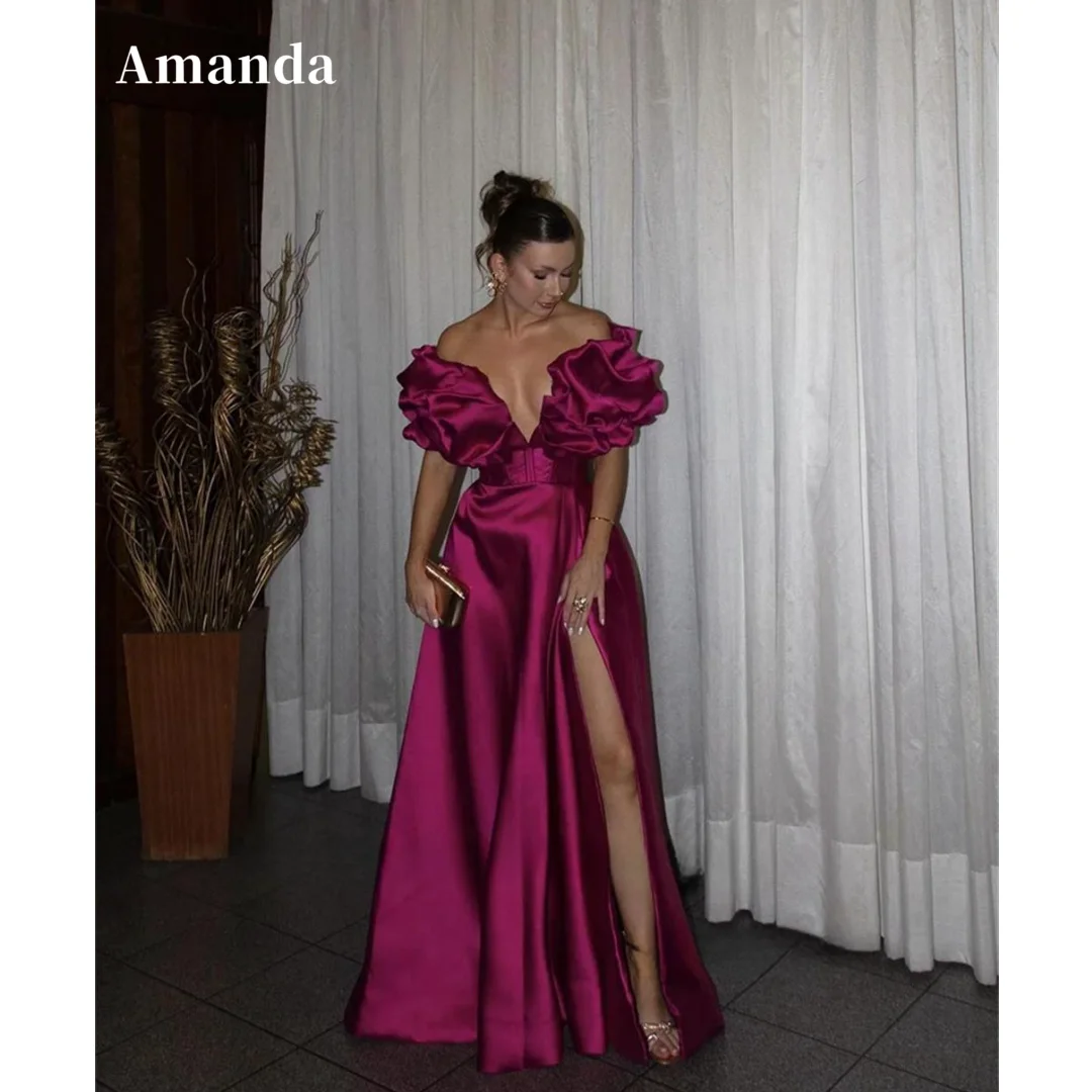 Amanda Sexy Fuchsia Curling Edge Shoulder Prom Dress Hot Pink Satin Vestidos De Fiesta Sexy Side Split Vestidos De Noche