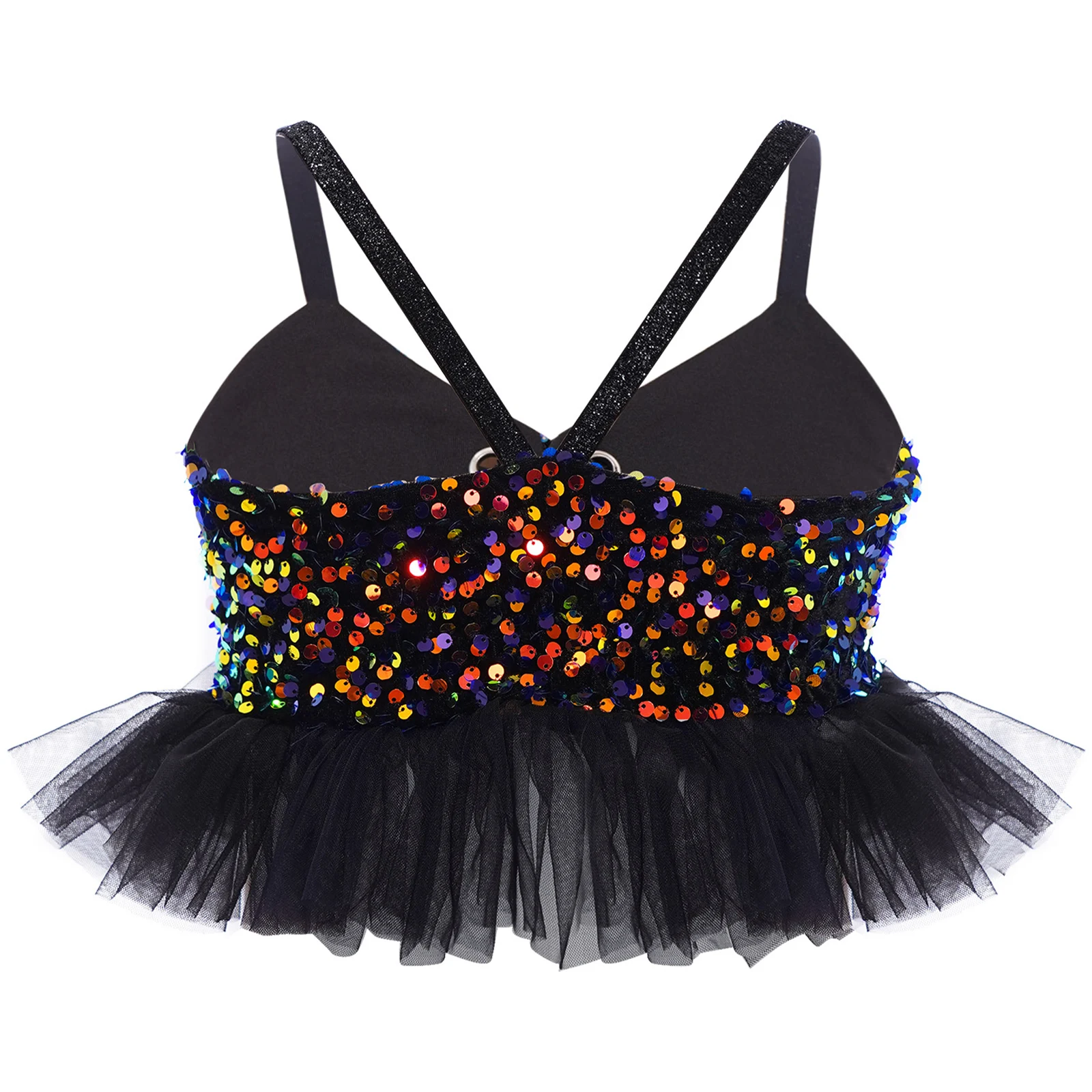 Kids Girls Jazz Latin Dance Top Shiny Sequins Velvet Spaghetti Straps Tulle Ruffles Camisole Crop Top Stage Performance Costume