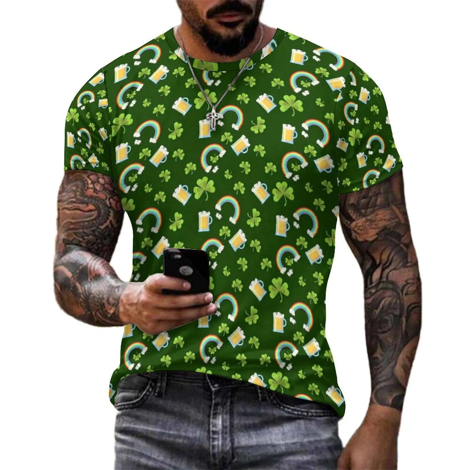 Big Size T-Shirt Beach St Patricks Day T-Shirts Shamrock And Rainbow Y2K Fun O Neck Tshirt Men Retro Graphic Clothes
