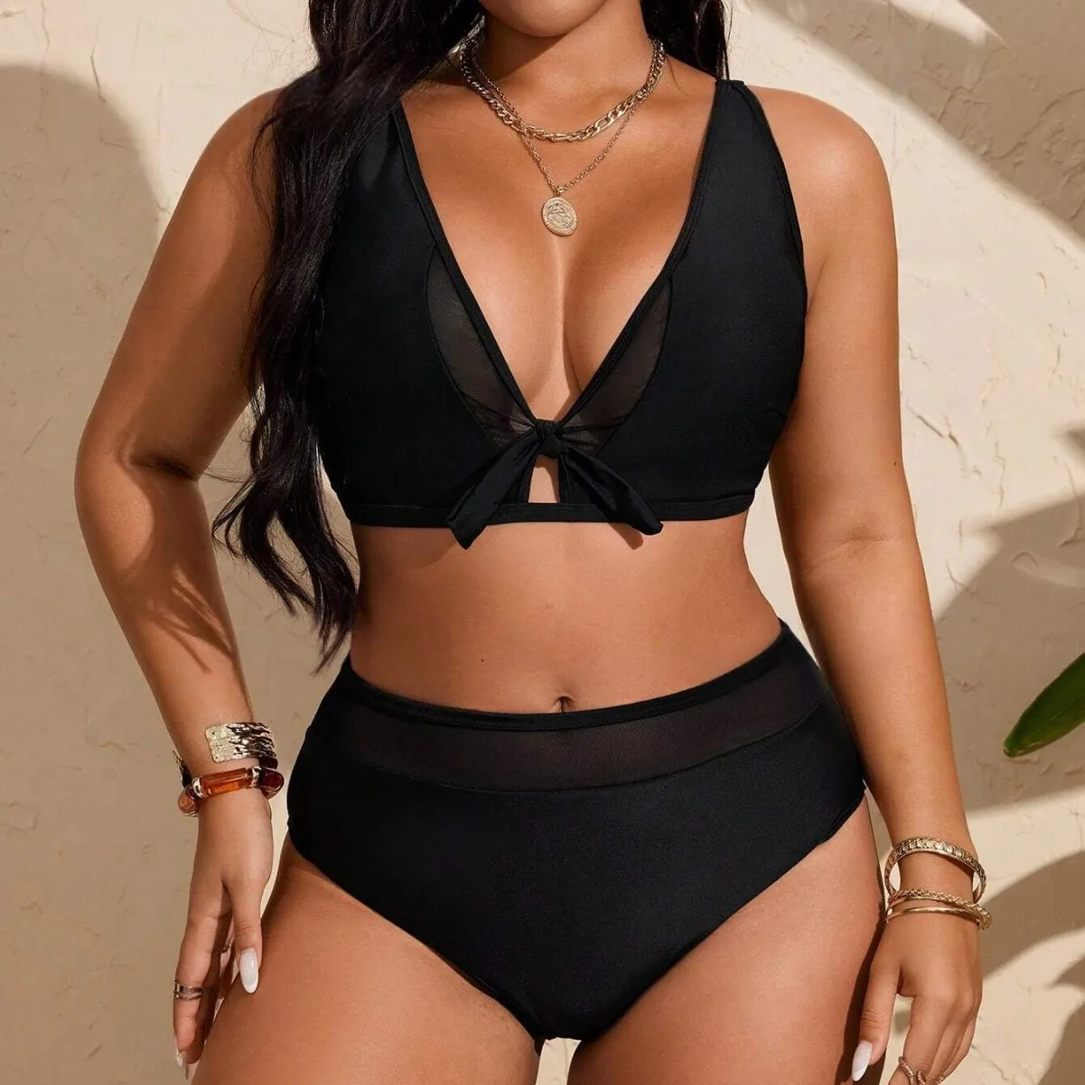Plus Size Bikini Set Mesh Patchwork Bow‑Knot Front Top High Waist Sheer Panel Tummy Control Solid Swimwear For Women Beach Pool