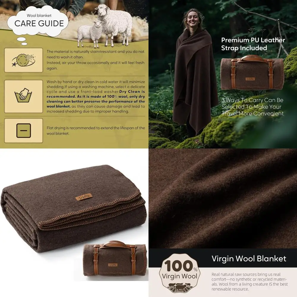 

Thick 62x86 Washable Wool Blanket, Warm & Durable, Ideal for Camping, Outdoors, Events, Survival, Brown