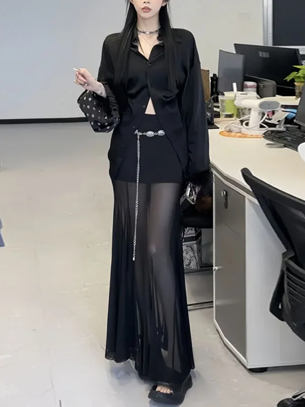 

Elegant Black Mesh Splice Long Dress And Shirt Two-Piece Set for Young Women Fashionable Retro Style Clothing Set