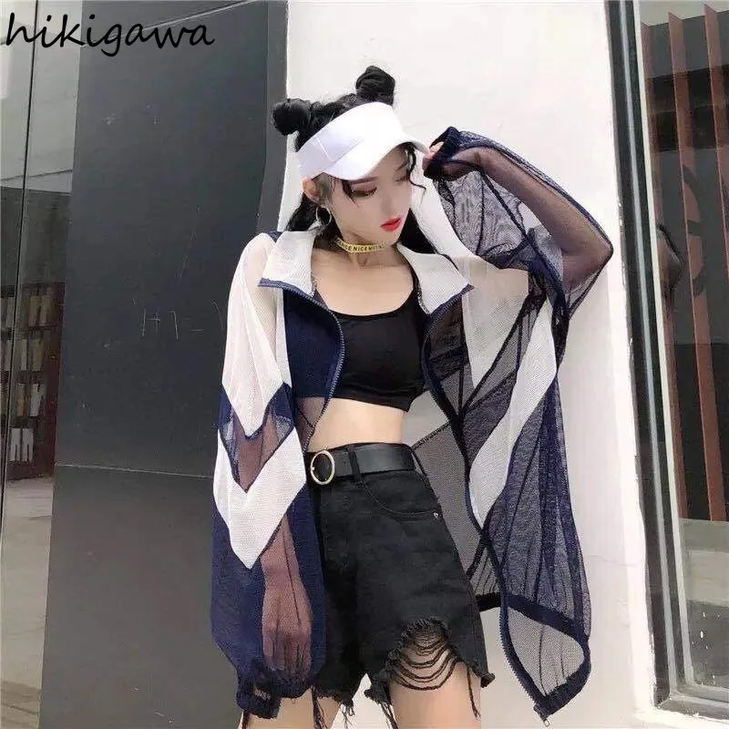 Harajuku Streetwear Jackets Women\'s Clothing 2024 Ropa Mujer Patchwork Gauze Fashion Casual Outwear See Through Y2k Coats Tops