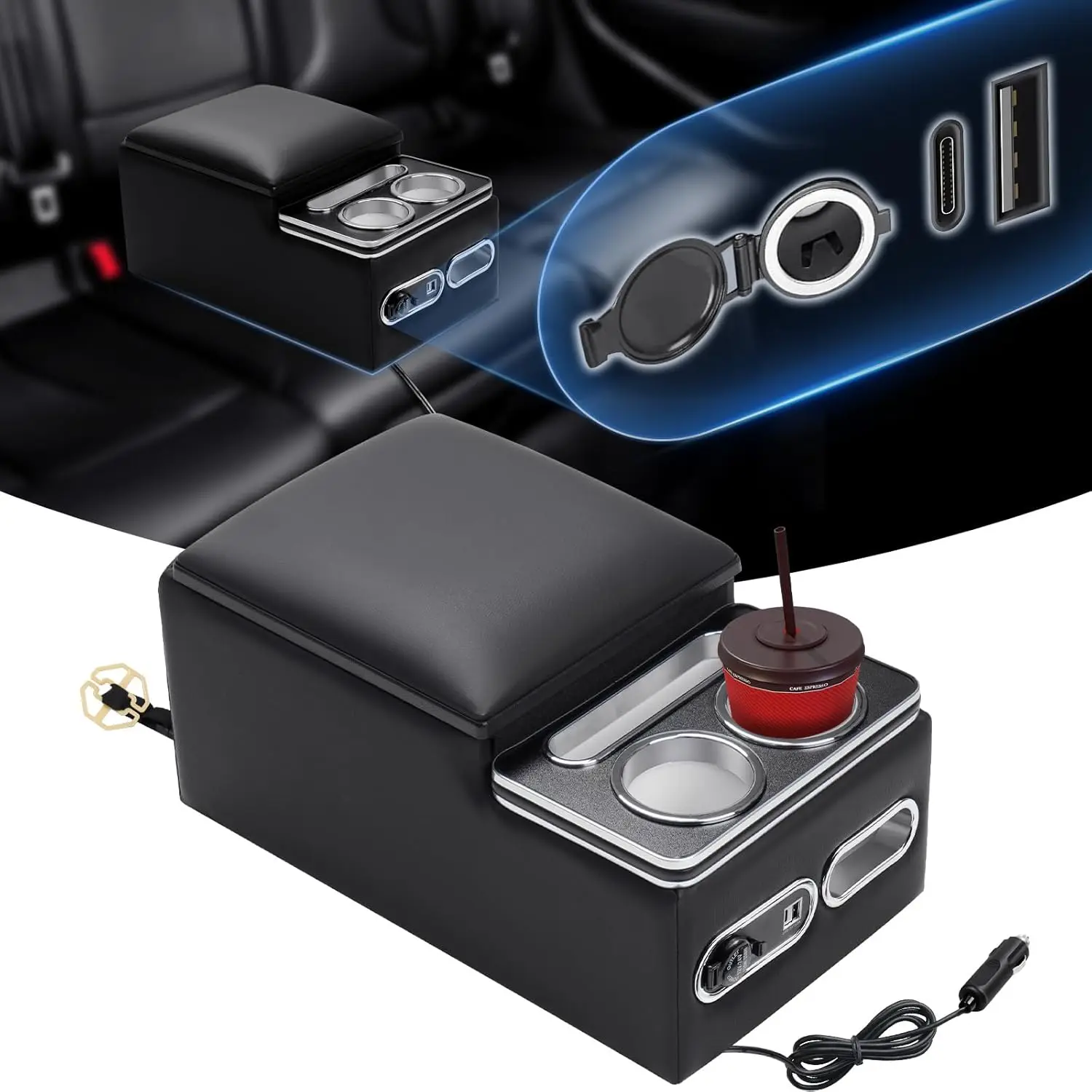 

Universal Car Bench Seat Console Armrest Box with Light for Van Truck Car Back Seat General Armrest Console Box