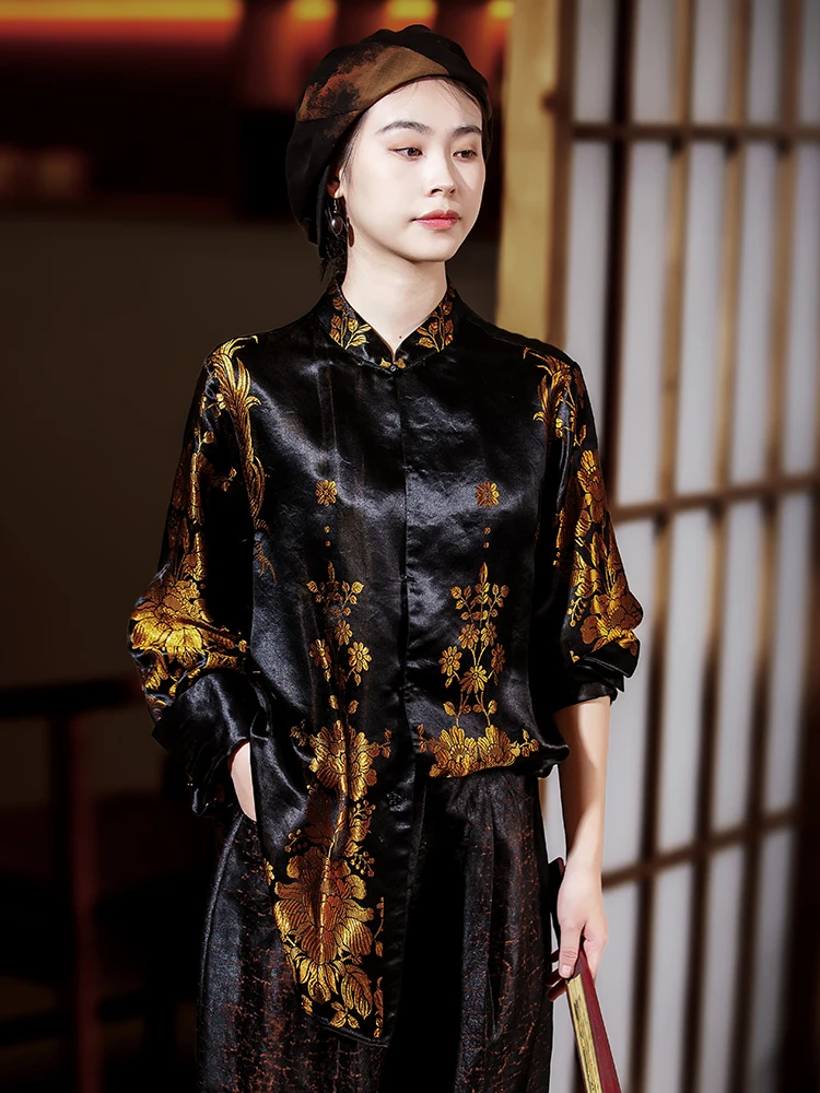 

New Chinese Sle Loose Silk irt Handmade Button Long Sve Old Silk Brocade Spring Autumn Single Layer Traditional