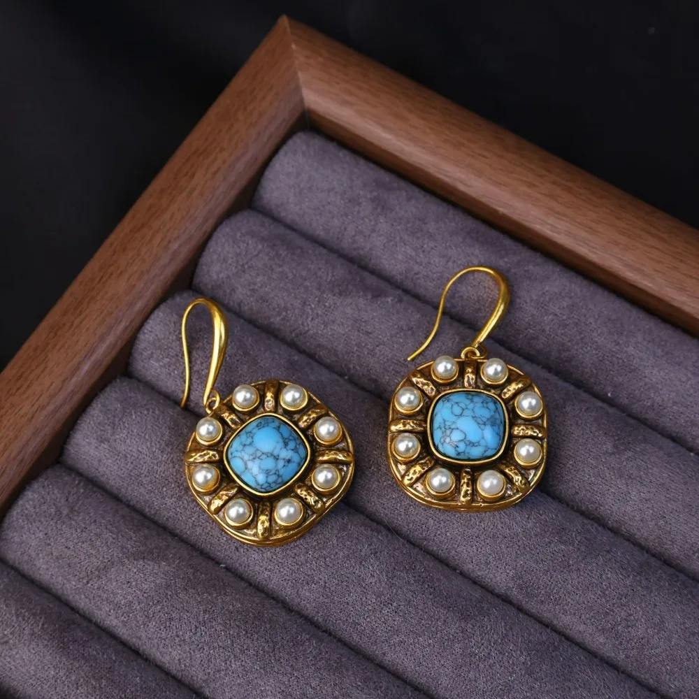 جديد القرون الوسطى خمر مطعمة الزجاج اللؤلؤ ساحة الفيروز استرخى أقراط ، الرجعية الكلاسيكية المؤنث وأنيقة صيد السمك أقراط #2