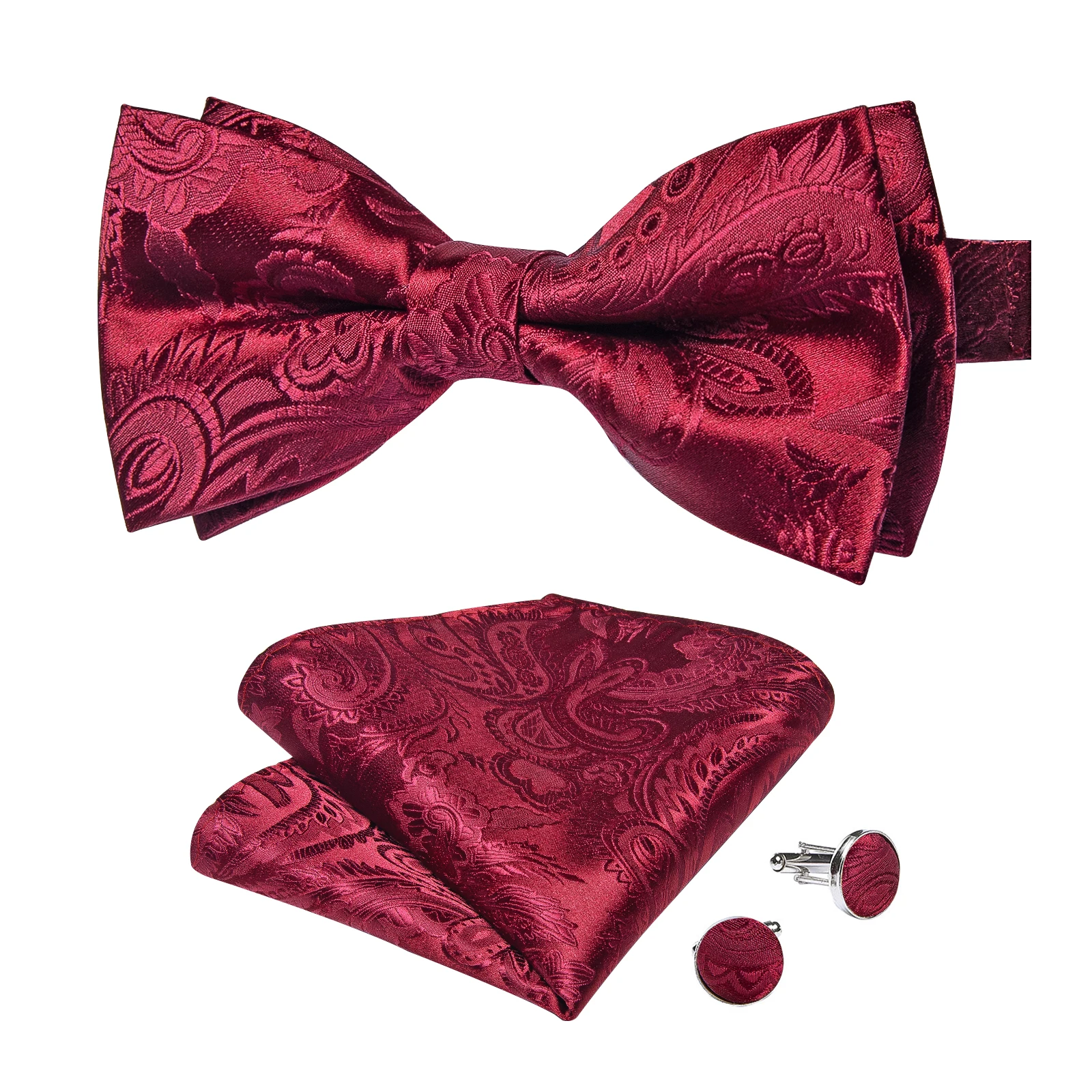 Klassisches schwarzes Herren-Fliege-Set mit Einstecktuch und Manschettenknöpfen – Paisley Gold Vorgebundene Fliege – Detail 21