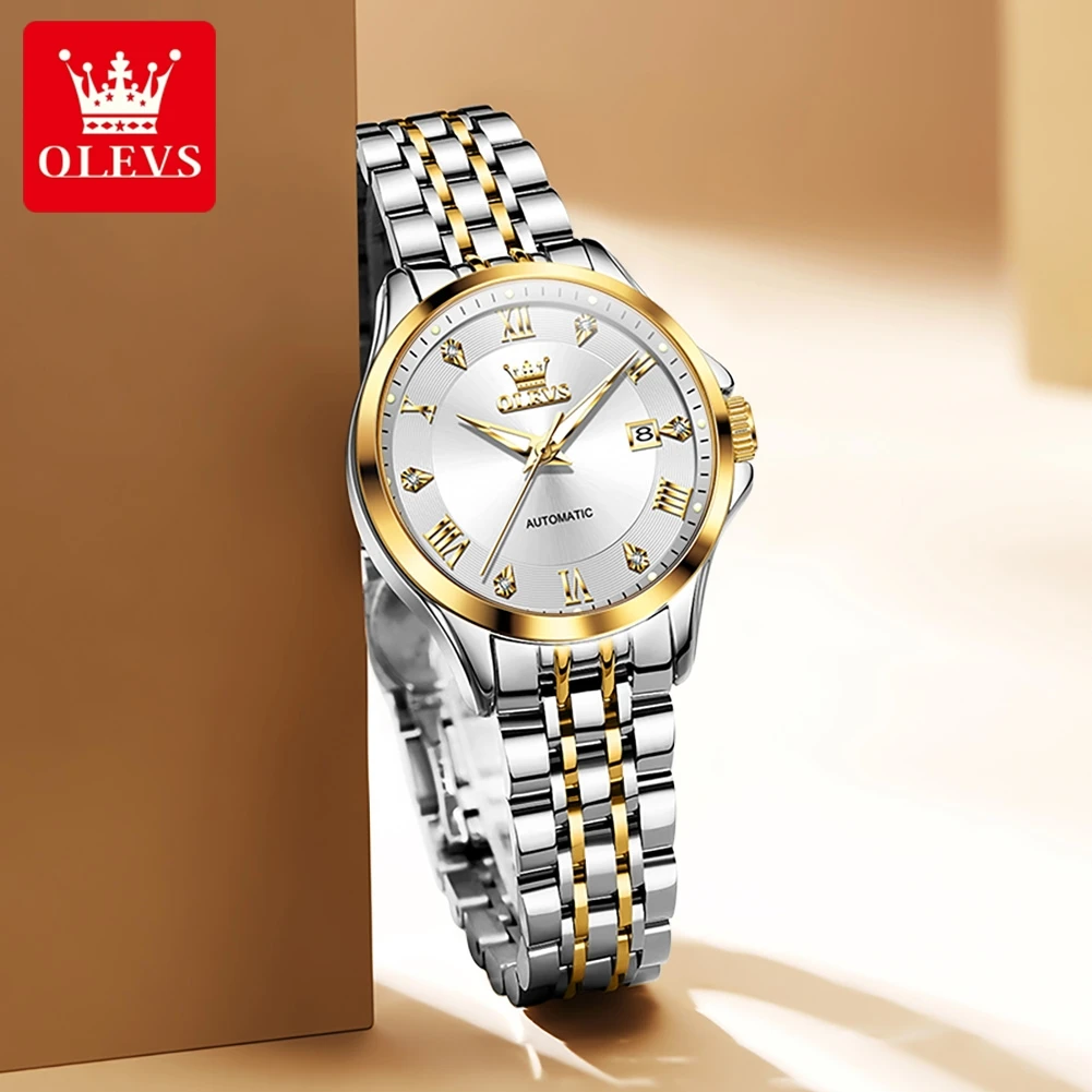 

OLEVS 6702 Женские часы, оригинальные роскошные автоматические механические часы, стальные светящиеся часы с датой для женщин, подарочная коробка, набор Reloj