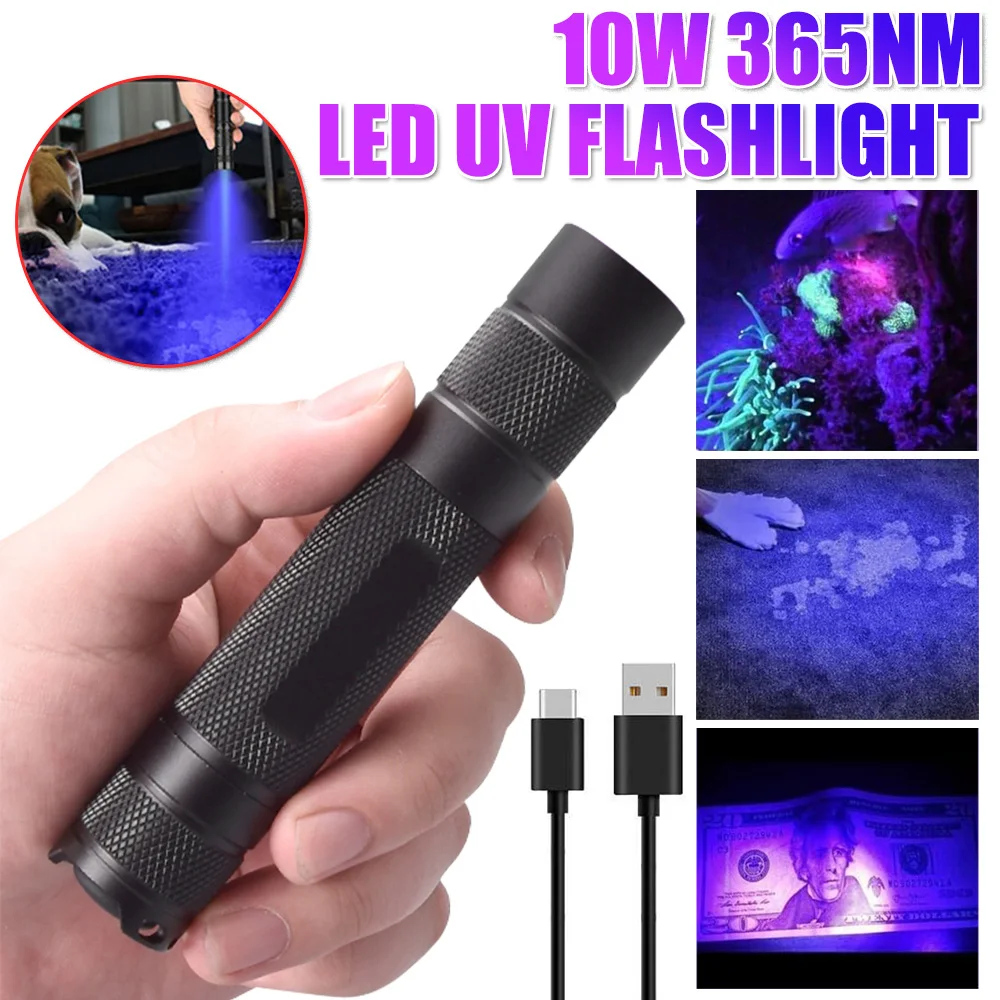 

10W 365NM UV Flashlight Ultra Violet Light Torch USB Inspection Lamp Pet Cat Dog Stains Bed Bug Urine Stain Detector Tools