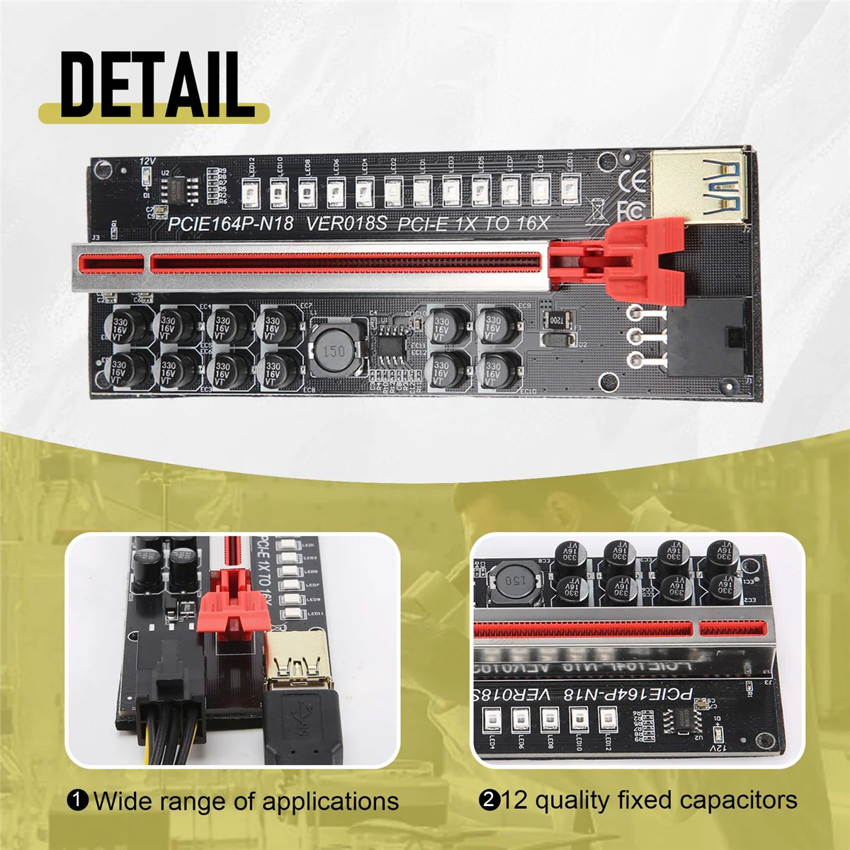 1 Pcs VER018S Miner Card PCI-E 1X to 16X USB3.0 6PIN GPU Riser Card with 12 Capacitors and LED Lights for BTC Miner