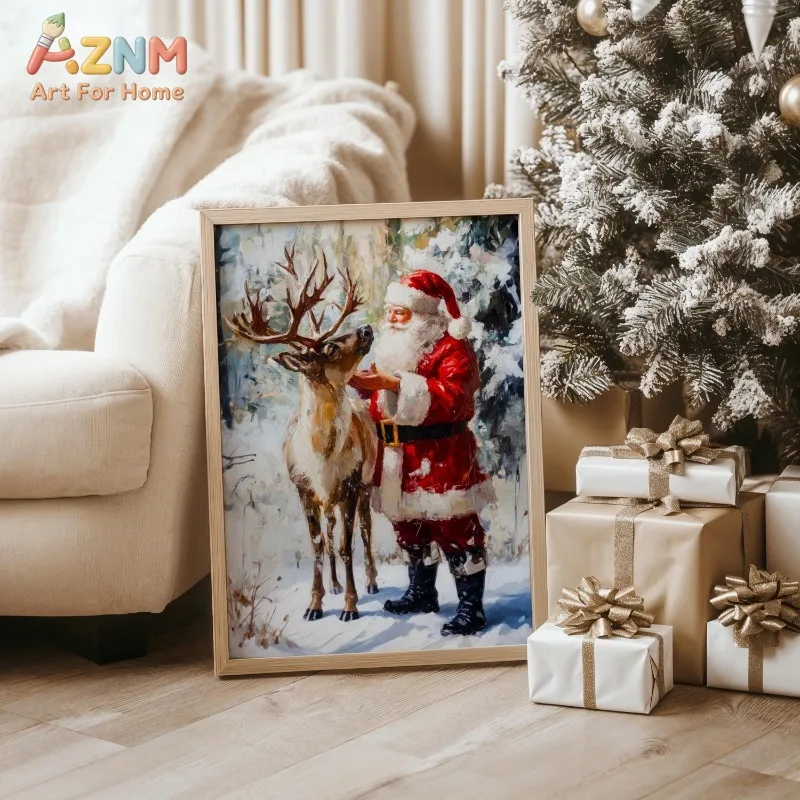 Vintage Santa Claus with Reindeer Canvas Wall Art Christmas Snow Winter Scene Holiday Home Wall Print Unframed Canvas Poster