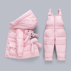 RAISE Korea Winter Baby Girl 2PCS Clothes Set 3D Bear Hooded Toddler Girl Down Jacket Infant Solid Velvet Overalls 1-3Y Snowsuit