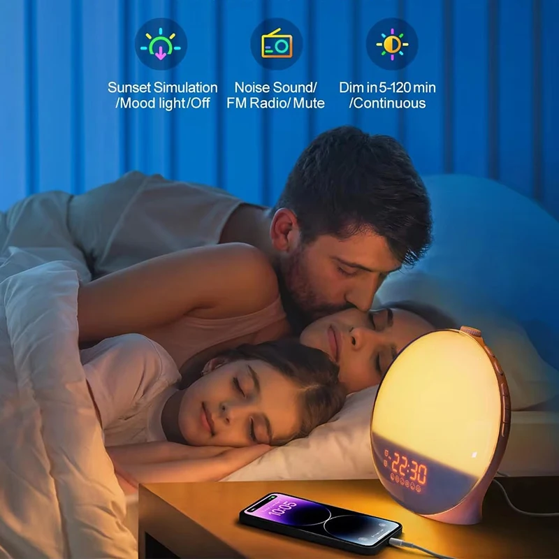 Smart Awakening Lamp with Sunrise Alarm Clock Bedside Night Light  FM Radio Mood Lighting for Bedroom Bathroom Ideal Gift