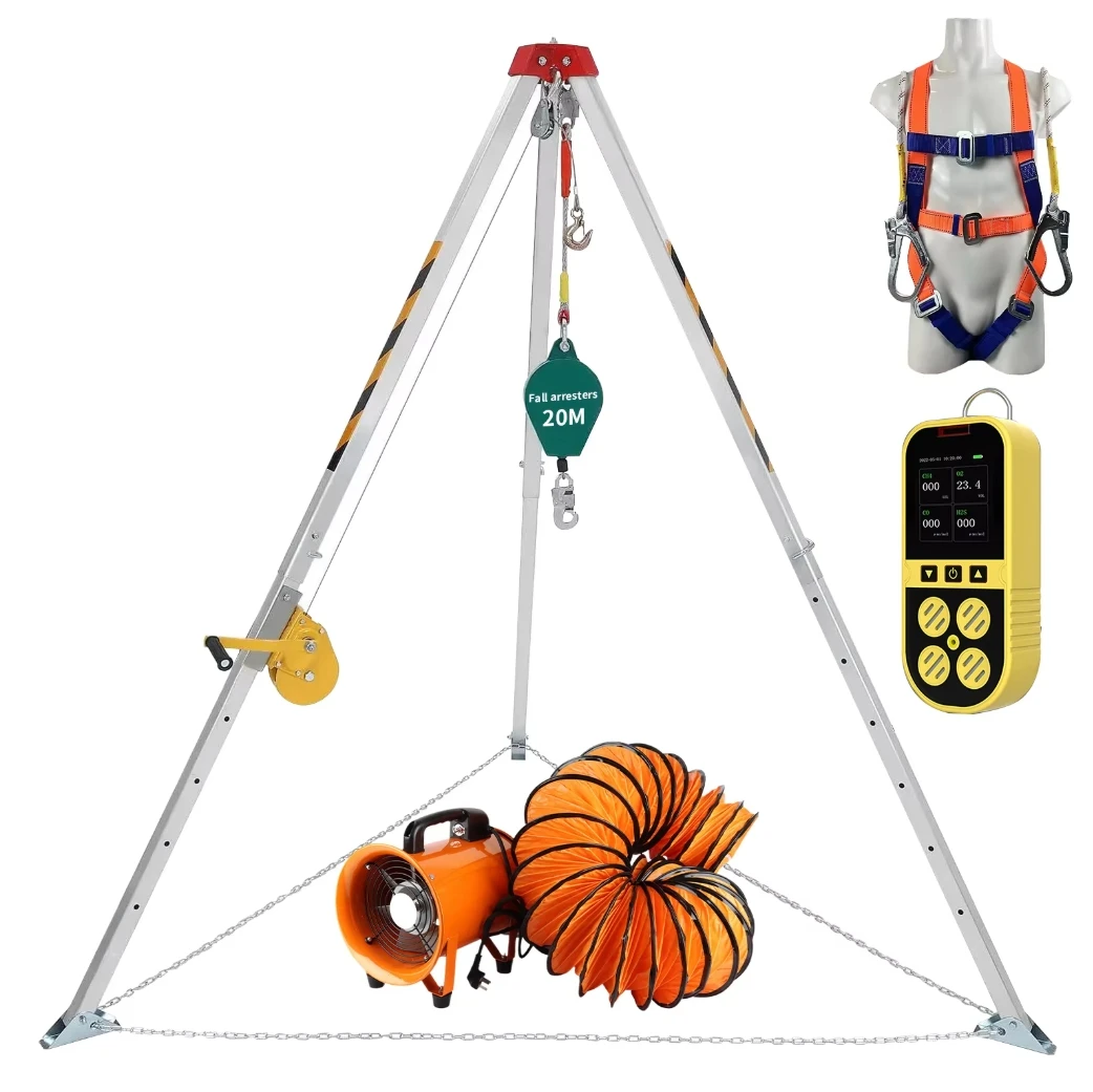 

Confined Space Tripod Kit 2600Lbs Winch Height Adjustable Lifting Tripod with Fall Protection System Harness Blower Gas Detector