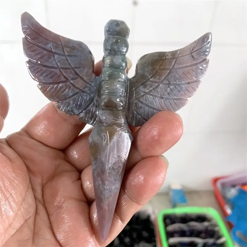 Ocean Jasper Hand Carved Angel Wing Sword Figurine, Healing Crystal Energy Protection Decor, Meditation Crystal Wand Ornament