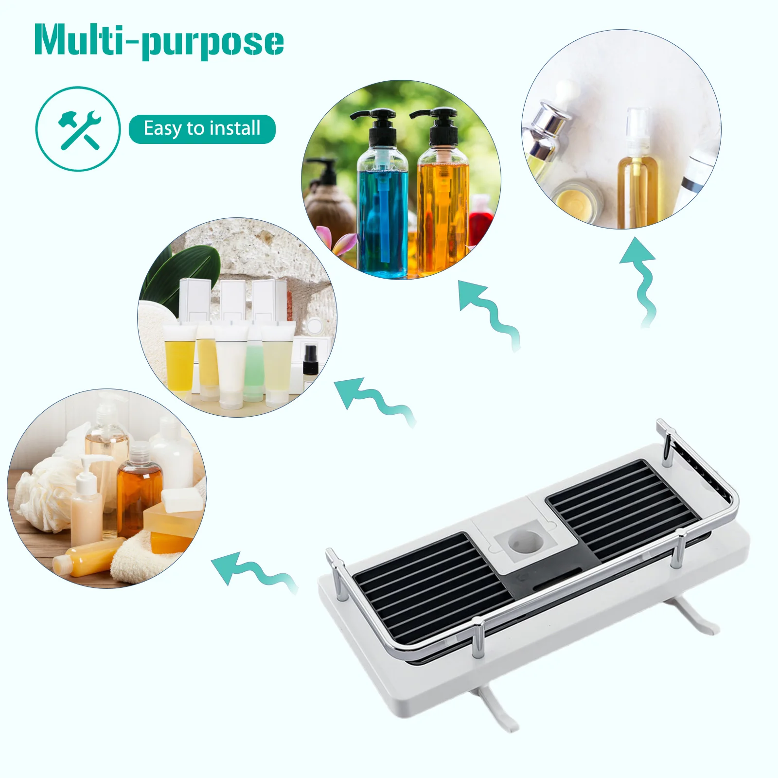 Shower Pole Stand Storage Shelf Punch Free Shampoo Tray Height Adjustable Lifting Storage Holder Hollow Design for Home