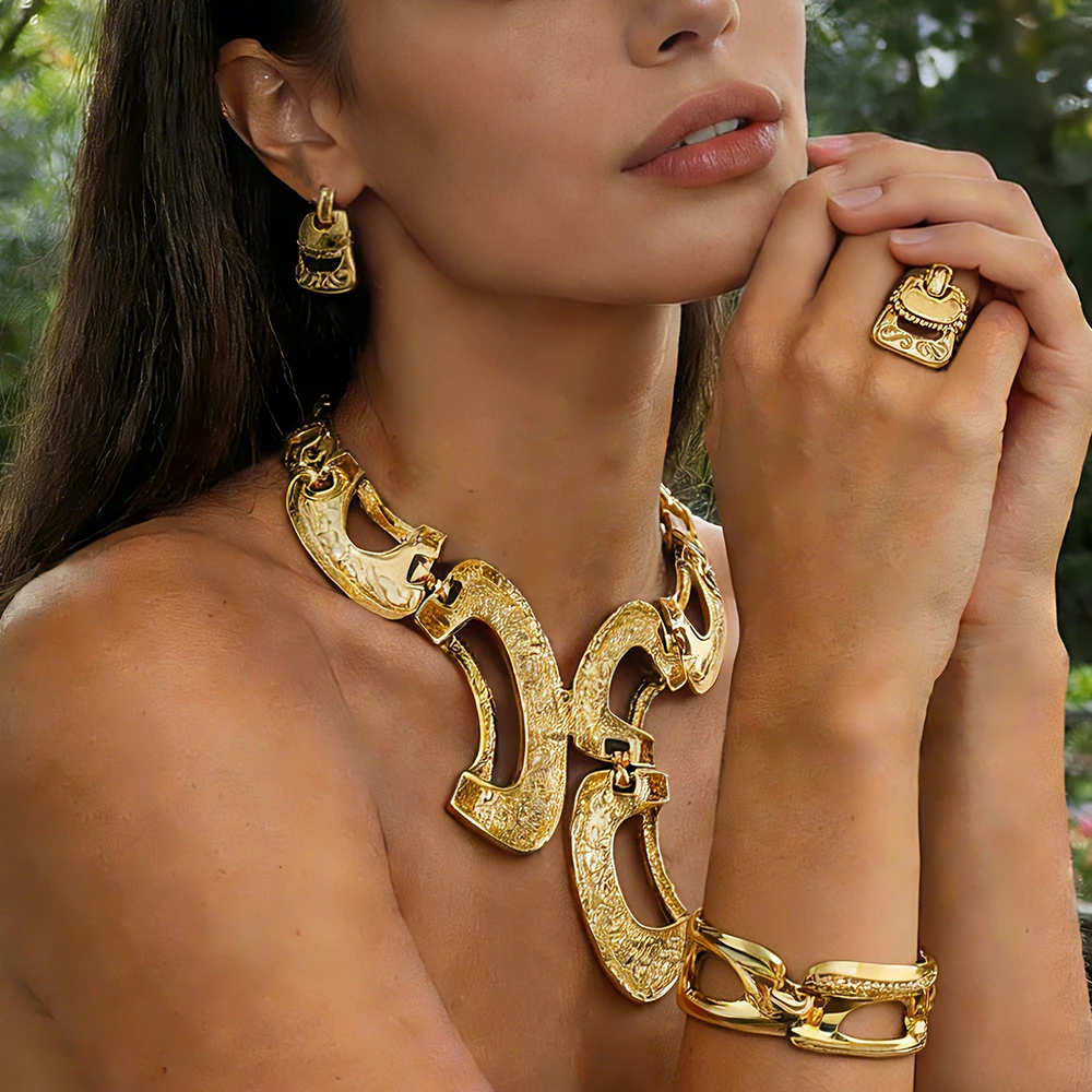 Neues Extravagantes Schmuckset Dubai Goldfarben Große Halskette Ohrringe Armband Ring Sets Brautschmuck 24k Vergoldeter Schmuck Geschenke – Detail 7