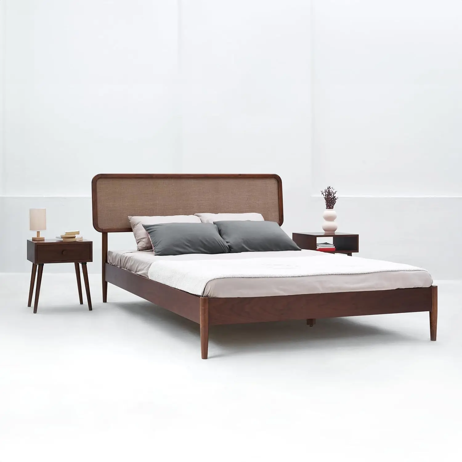 

Wooden Bed Frame with Headboard, Crafted from Walnut, Rubber Wood with Silent Slats and Wood Central Supports