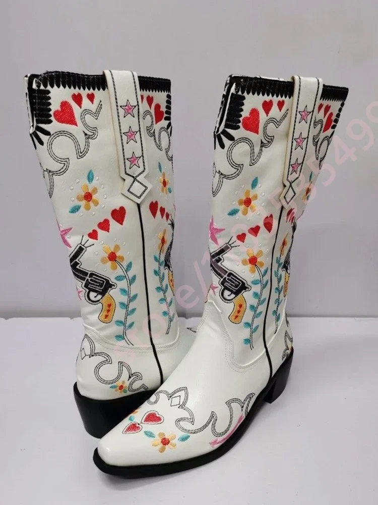 Retro Women's Embroidered Mid-Calf Boots 2026 Spring Party Casual Riding Boots Round Toe Chunky Heel Western Cowboy Boots