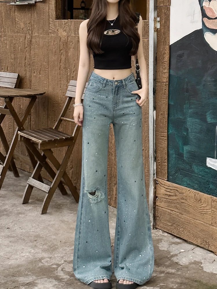 

Broken hole sparkling diamond straight leg wide leg jeans women summer 2025 new high waisted thin fit slightly pants