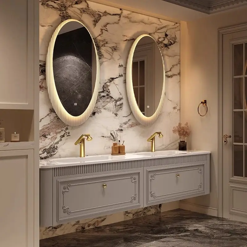 French bathroom cabinet, oak combination, solid wood rock slab, hand wash basin, toilet, American ceramic seamless integrated ba