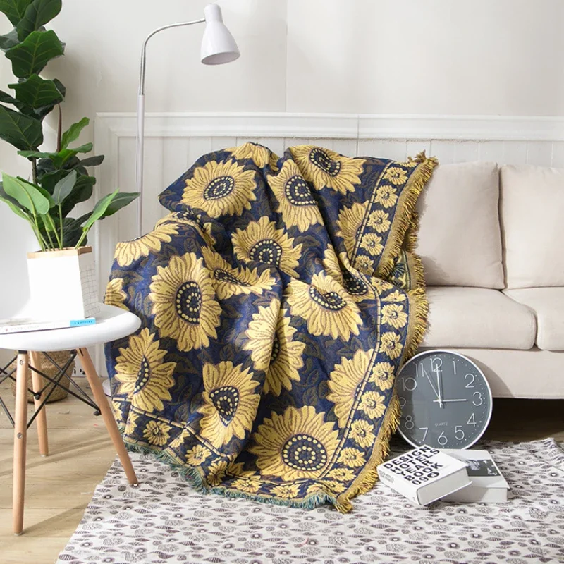 Textile City Vintage Sunflower Daisy Woven Throw Blanket - Boho Navy Blue Fringed Jacquard Sofa Cover for Home Decor