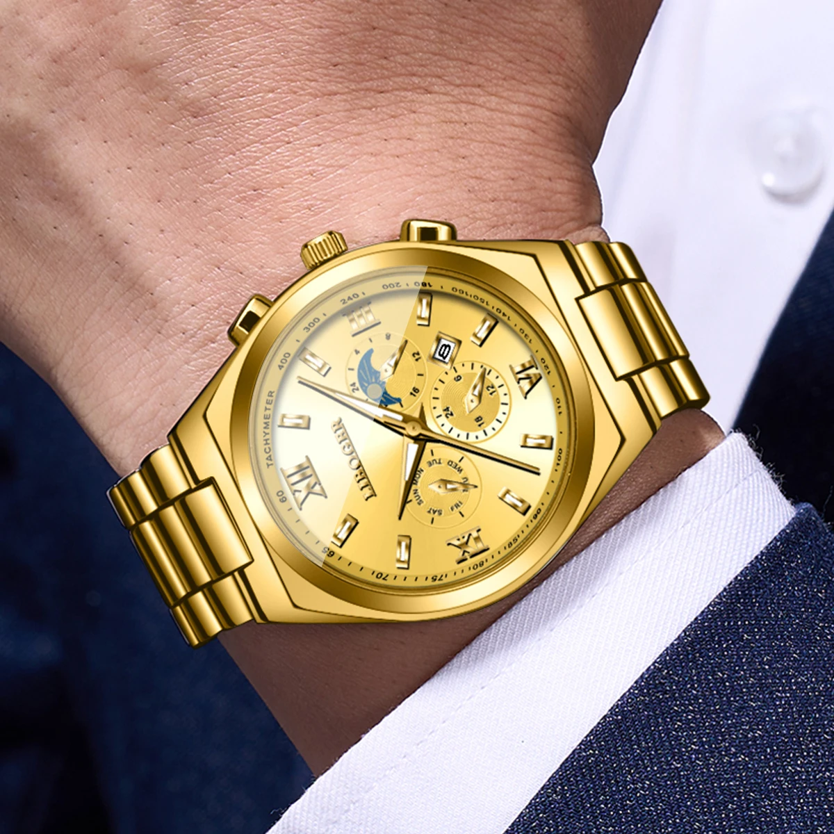 Luxury Roma Dial Men Quartz Watch Golden Stainless Steel Strap Date Display Business Wristwatch Relogio Masculino（Without Box）