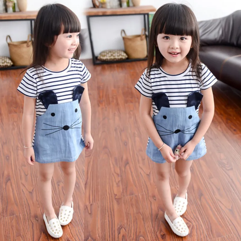 

Kids Girls Dress Cartoon Animal Striped Cotton Kid Dresses Summer Short Sleeve Cute Casual Girl Vestidos Children Clothing