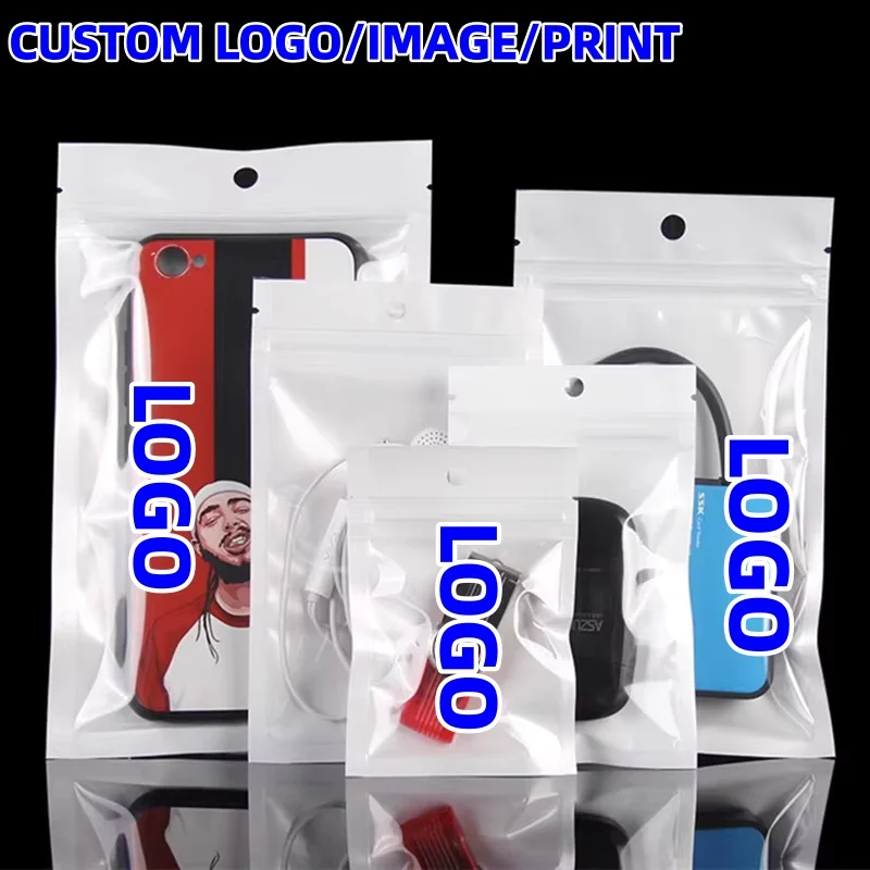 

100PCS Flat Pearl White Plastic Zipper Hanging Bag Clear Front Snack Hair Extension Jewelry Toys Gifts Packaging Pouches