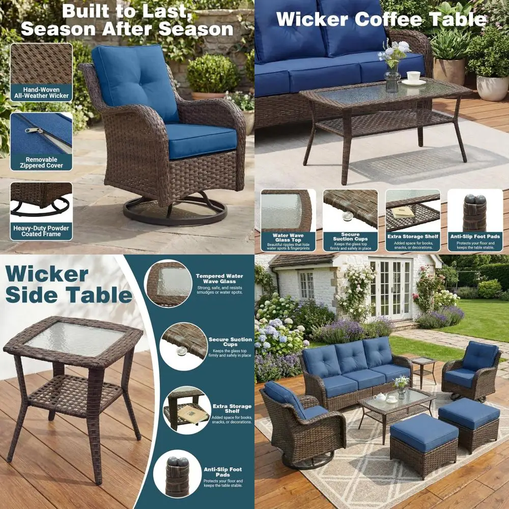 7-Piece Outdoor Wicker Patio Furniture Set with Thick Cushions, High Back Sofa, Swivel Rocker Chairs, Weather-Resistant Fabric,