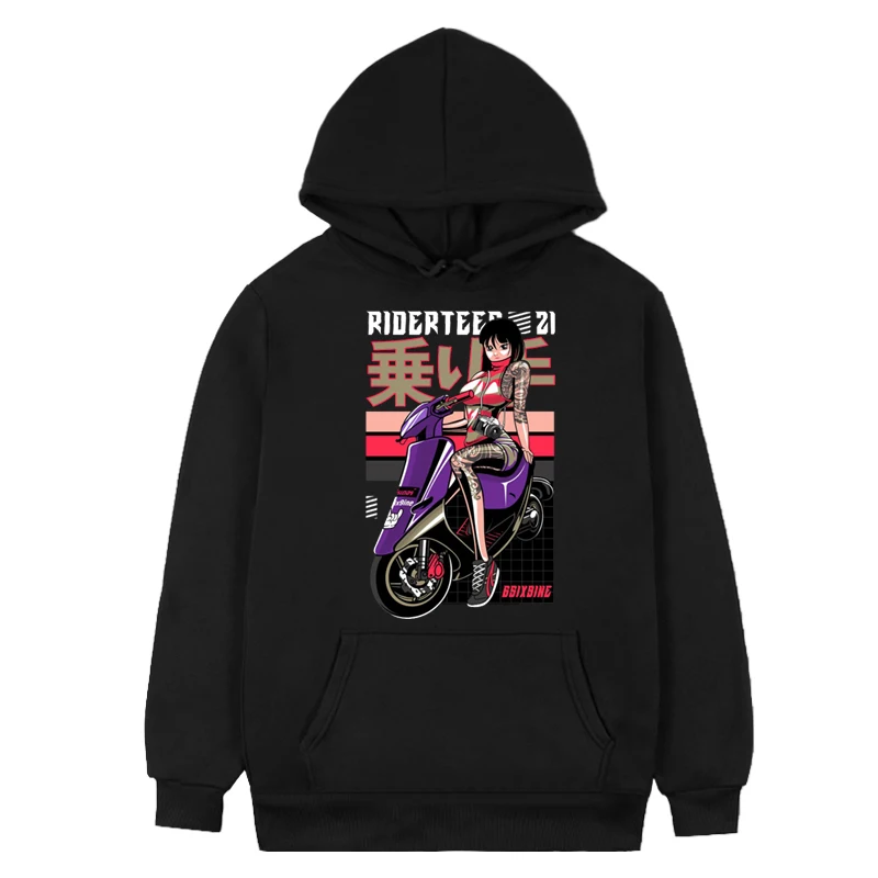 Japão uma mulher piloto em movimento motocicleta hip-hop único hoodies popular confortável letras pulôver novidade bonito estilo casal