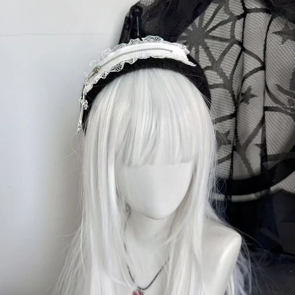 Y2K Gothic Lolita JK Cerchietto per capelli con bordo increspato KC Donna Ragazza Cosplay Fasce per capelli nere scuri Accessori per capelli Landmine