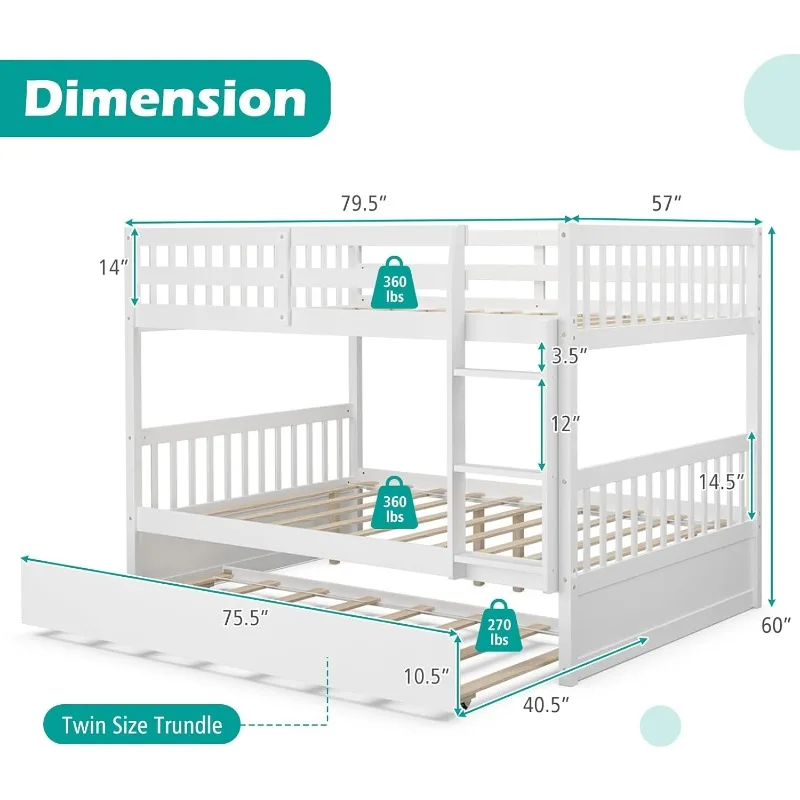 Giantex Full Over Full Bunk Bed with Trundle, Solid Wood Bunk Bed Frame w/Guardrails and Ladder, Convertible to 2 Beds