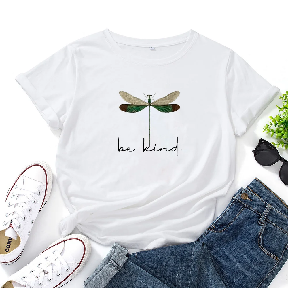 Fashion Harajuku Casual Be Kind Dragonfly Womens T Shirt Tops Short Sleeve Camisetas Mujer O-neck Cotton Loose T-shirt Women