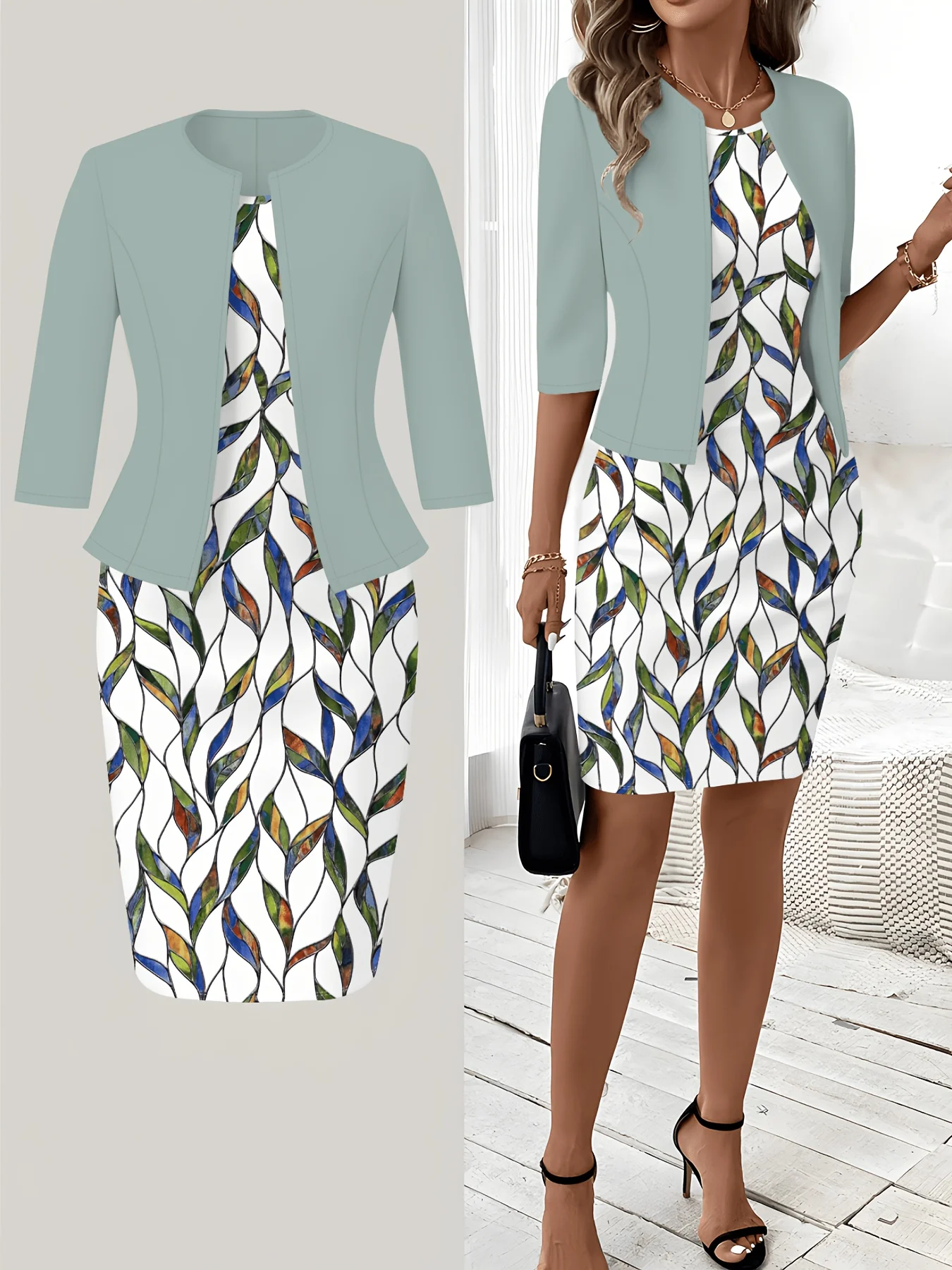 Print Design Casual Style Colorful Leaf Geometric Line Print Round Neck Sleeveless Dress Set
