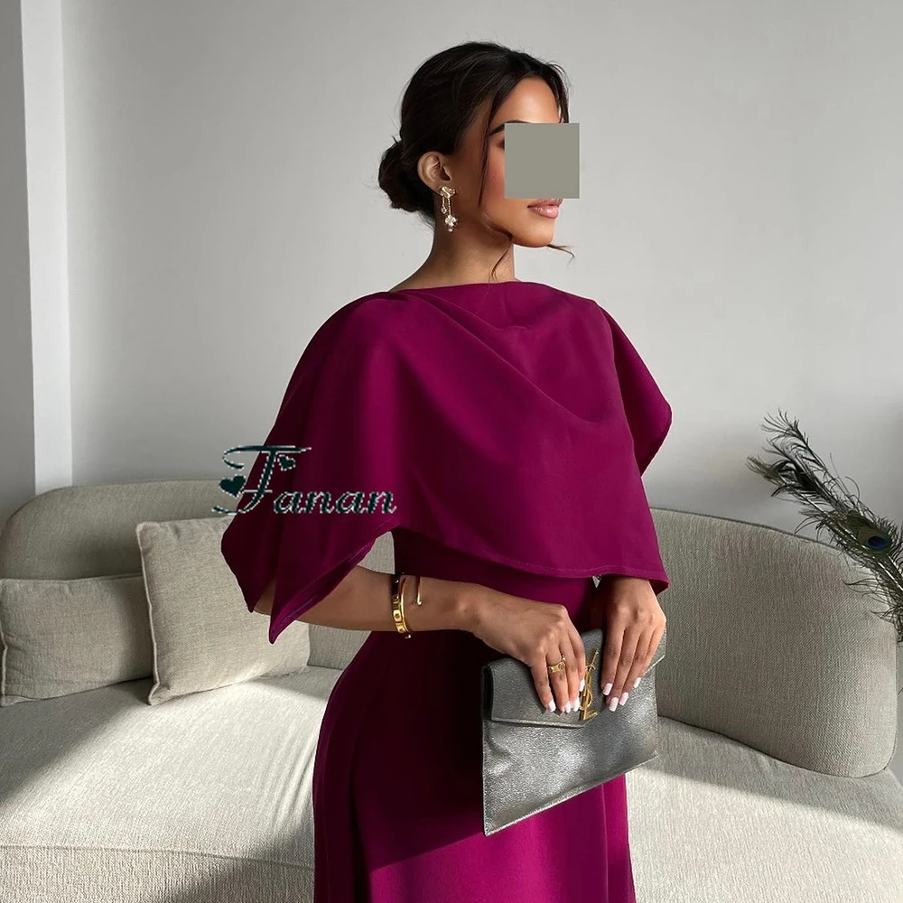Personalizado o-pescoço simples jérsei a linha vestido de noite sem mangas watteau trem vestido de festa com capa tornozelo comprimento vestido de baile