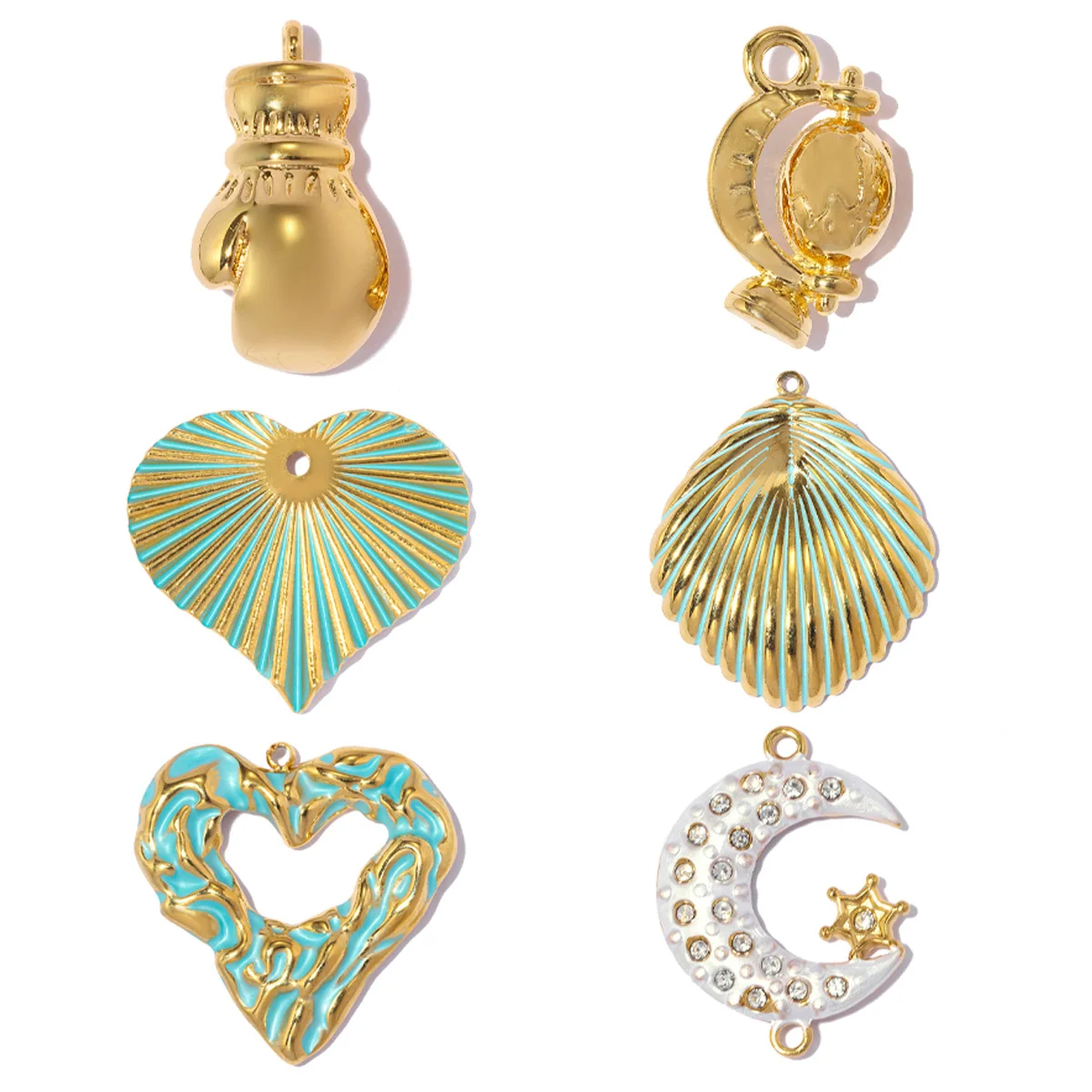 3pcs/Lot Stainless Steel 3D Boxing Gloves Globe DIY Charms Evil Eye Shell Necklace Pendant Moon Star Shoe Accessory Wholesale