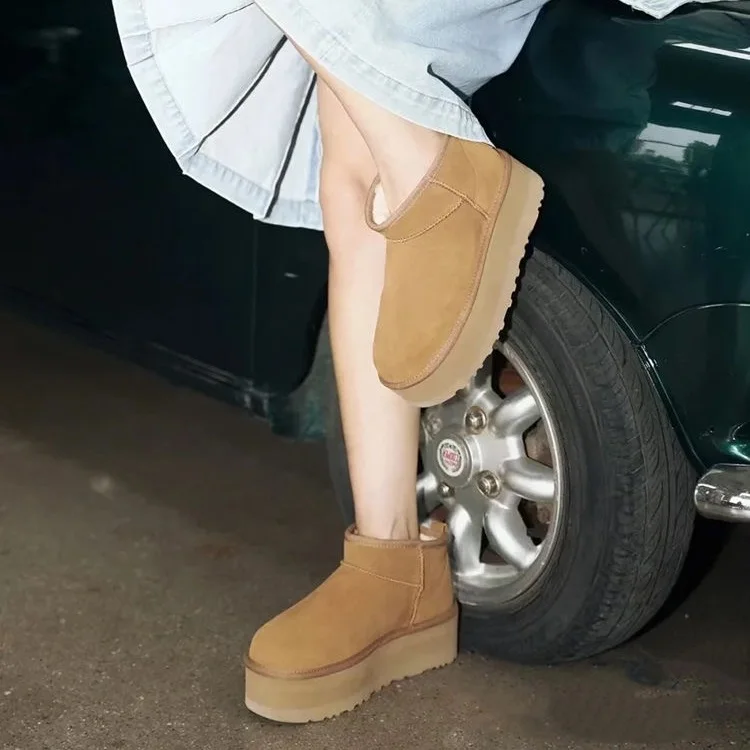 HQF UG 2024 New Natural Sheep Fur Women Fashion Casual Winter Snow Boots Wool Lined Ankle Warm Shoes 5CM Platform Waterproof