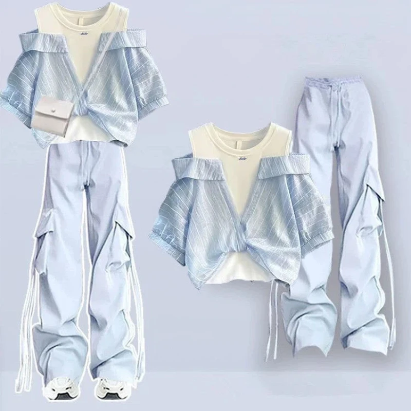 Fashionable Women's Set with Spring and Summer Style and High-end Feel Spliced Short Sleeved Work Pants Blue Two-piece Set
