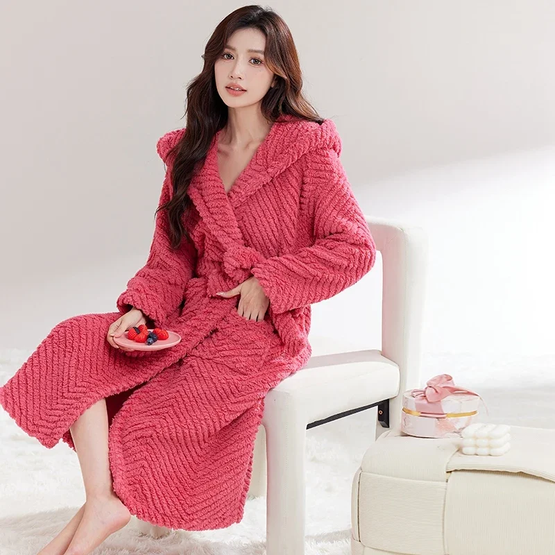 2024 Winter Long Sleeve Thick Warm Flannel Hooded Kimono Robes For Women Coral Velvet Sleepwear Bathrobe Nightdress Night Dress