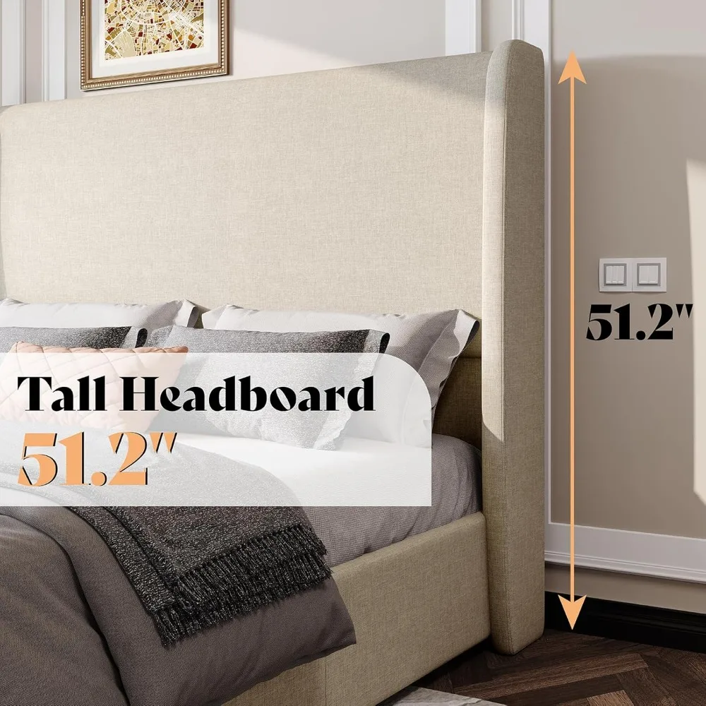 Lift Up Storage Bed King Size Linen Upholstered Platform Beds Frame, Wingback Headboard, No Box Spring Needed, King Bed Frame