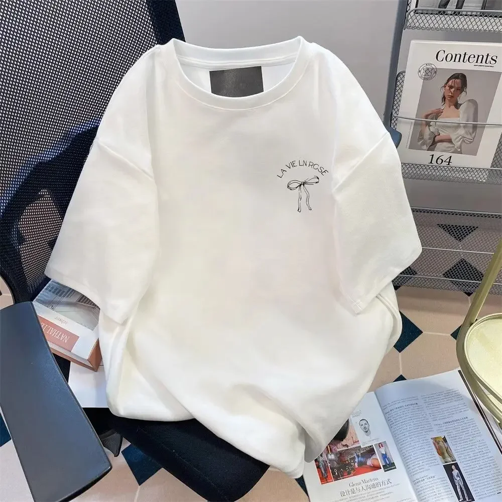 High Quality Pure Cotton White T-shirt Retro Letter Bow Knot Printed Women Graphic Tee Korean Brand Streetwear Loose Summer Tops