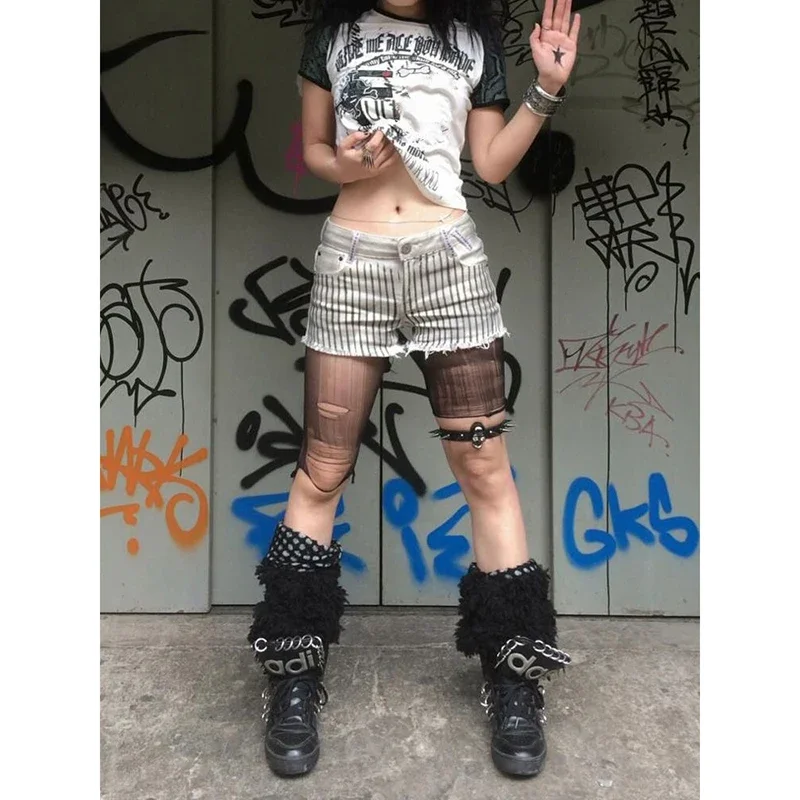 

Women's Striped Punk Denim Shorts Y2K Embroidered American Harajuku Street 2000S Sexy Low Rise Retro Jeans Shorts Clothing 2025
