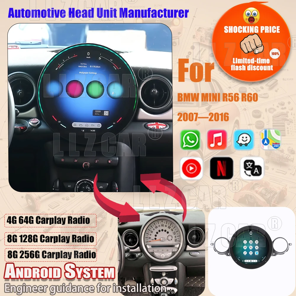 

11,7-дюймовое OLED-радио на Android для BMW MINI R56 R60 2007–2014 с беспроводными CarPlay и Android Auto, 4G LTE, Wi-Fi, GPS, FM, для установки на приборную панель